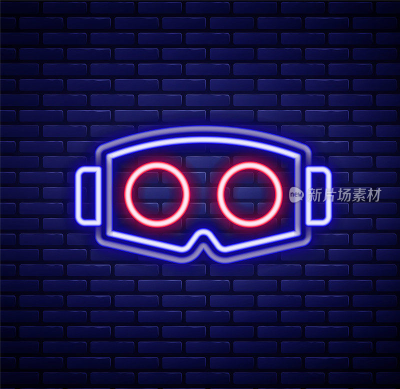 发光的霓虹灯线虚拟现实眼镜图标隔离在砖墙背景。立体3d vr面具。光学头戴式显示器。色彩缤纷的轮廓概念。向量